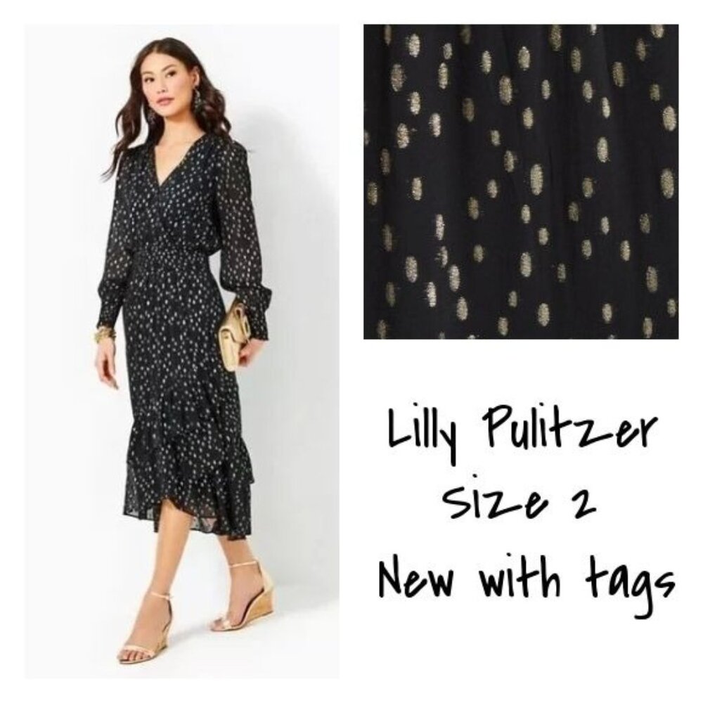 Lilly Pulitzer Cristiana Black Gold Dot Midi Dress Size 2 New With tag